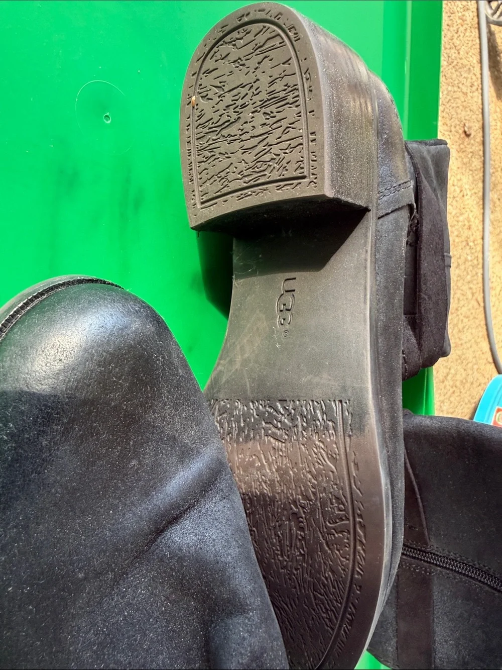 UGG Black Suede Knee-High Boots with Buckle Accent